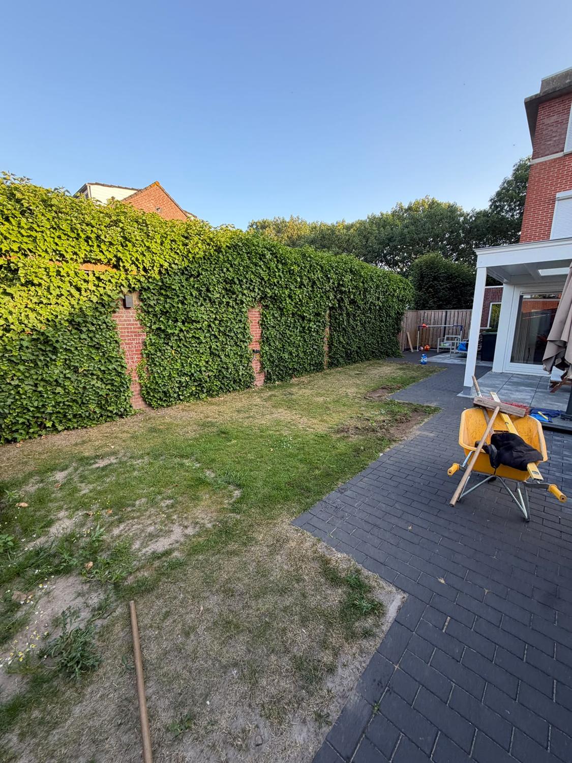 Kale tuin met versleten bestrating en dode grasplekken, voor aanleg van kunstgras